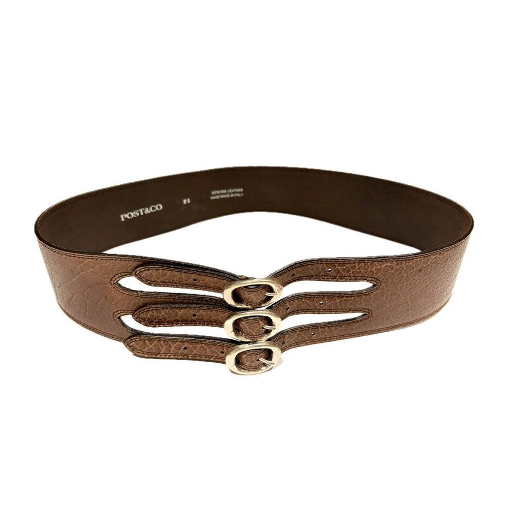 Post & Co Handmade Italian Leather Belt Brown Triple Buckle Wide Waist Size 85